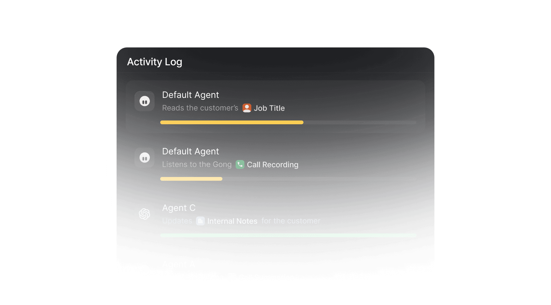 An activity log showing agent actions waiting for approval
