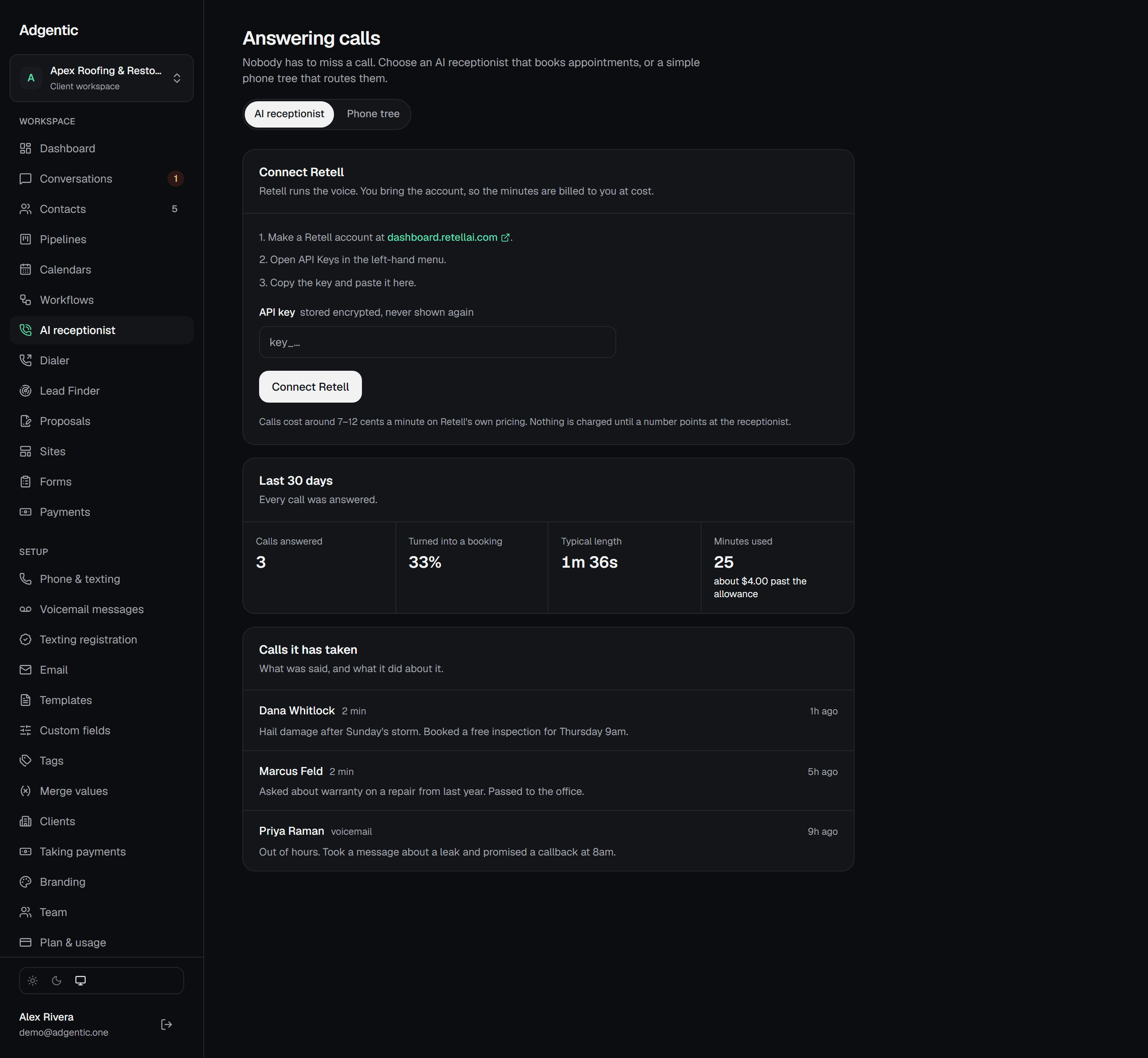 The AI receptionist's settings and its log of answered calls over thirty days