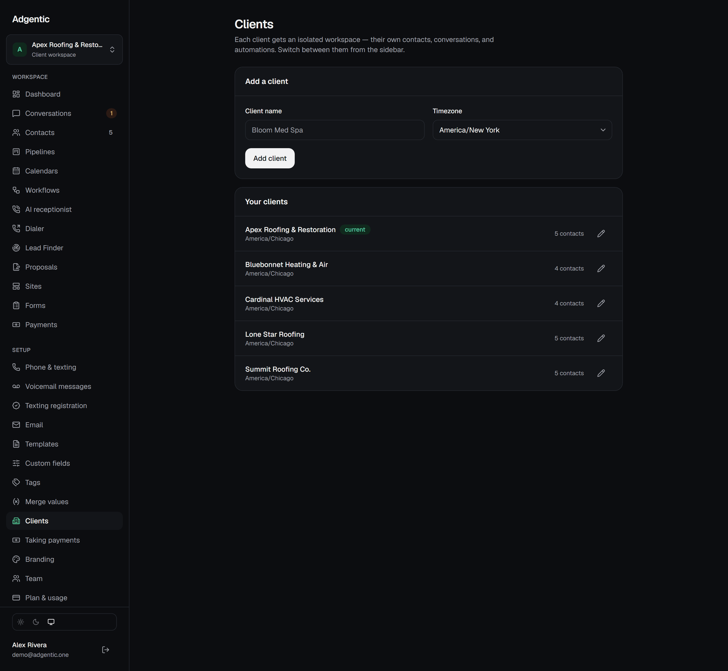 The client list, one workspace per business being run